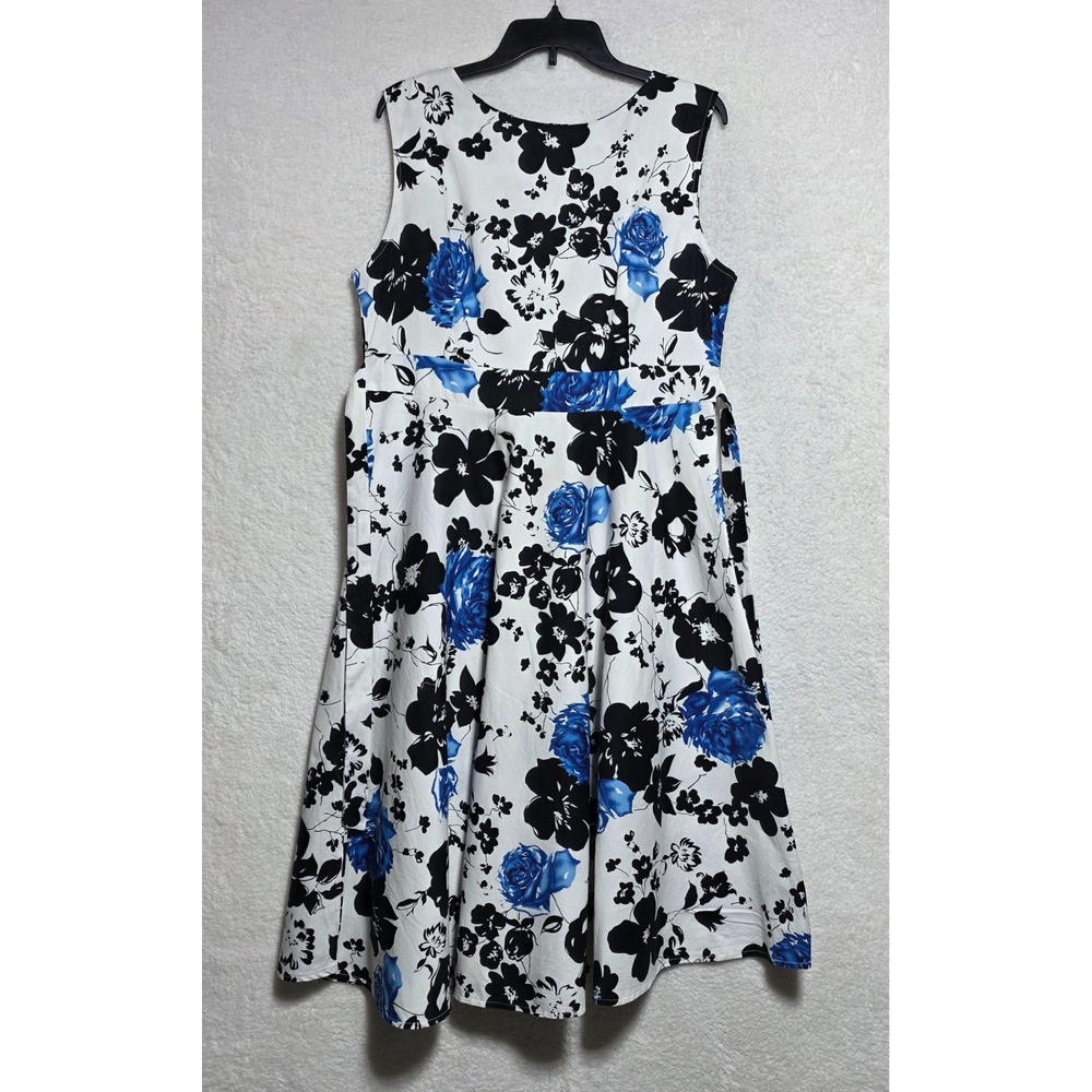 ACEVOG 3XL Blue Rose Floral Print Fit and Flare Swing Dress White Sleeveless
